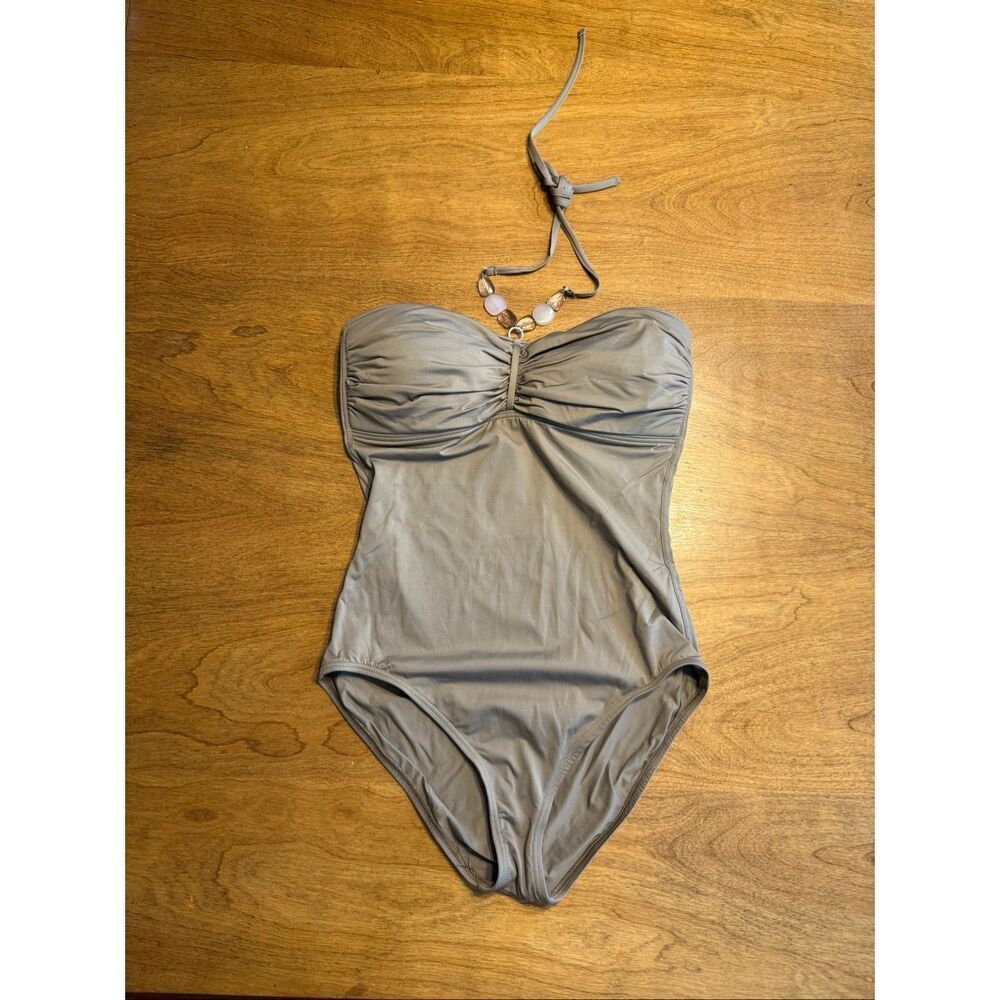Tommy Bahama Women’s Halter Beaded Ruched One Piece Swimsuit Sand Size 14